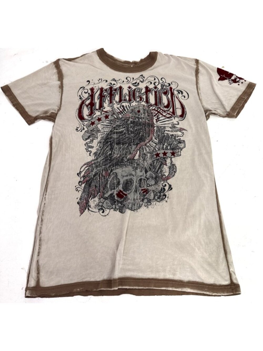 Affliction Distressed Brown Tan Eagle Skull Front Hit Grunge Goth Mens XL